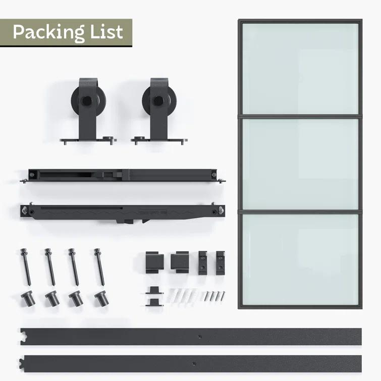 TREEBLING 84" Metal and Glass Sliding Barn Door with Two-Way Soft Close and Installation Hardware Kit