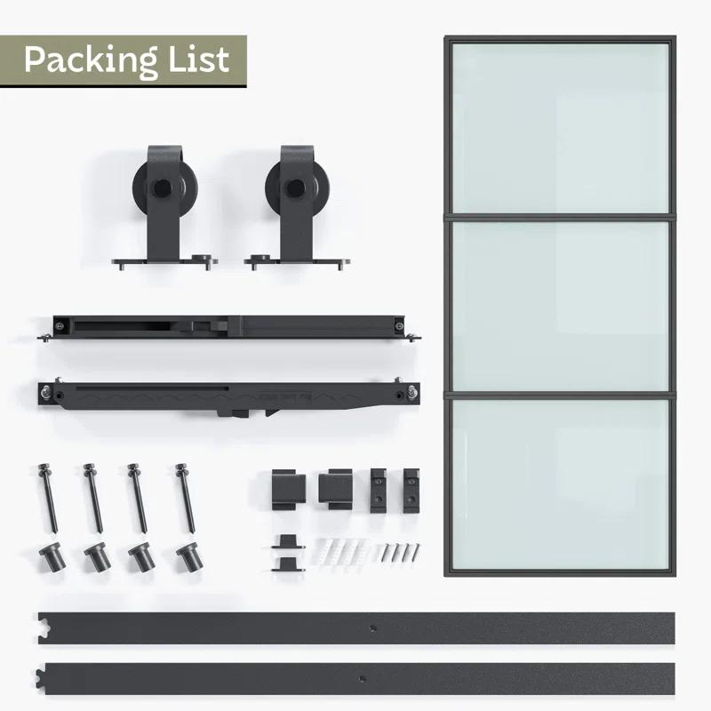 TREEBLING 84" Metal and Glass Sliding Barn Door with Two-Way Soft Close and Installation Hardware Kit
