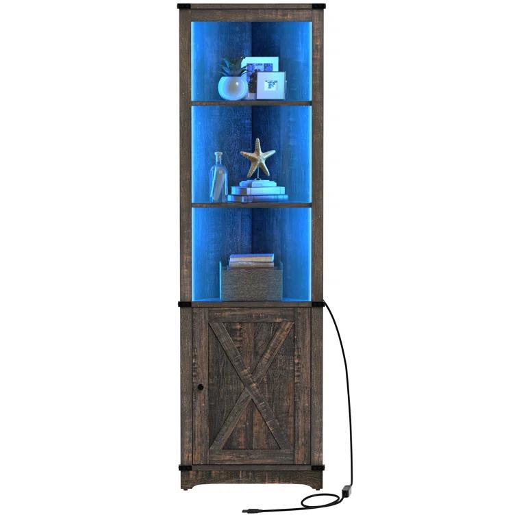 Gracie Oaks Aspenn 67" H Corner Bookcase with LED Light, Corner Storage Cabinet with Adjustable Shelf