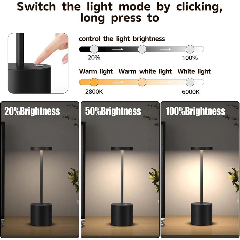 Orren Ellis 2-Pack Cordless Rechargeable Metal Table Lamps: 5000Mah Battery, 3 Brightness Levels, USB Portable Powered