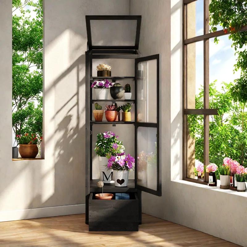 mosaicmotifco Wood Garden Greenhouse Balcony Portable Mini Cold Frame With Movable Storage Box, Adjustable Shelves And 1 Drawer