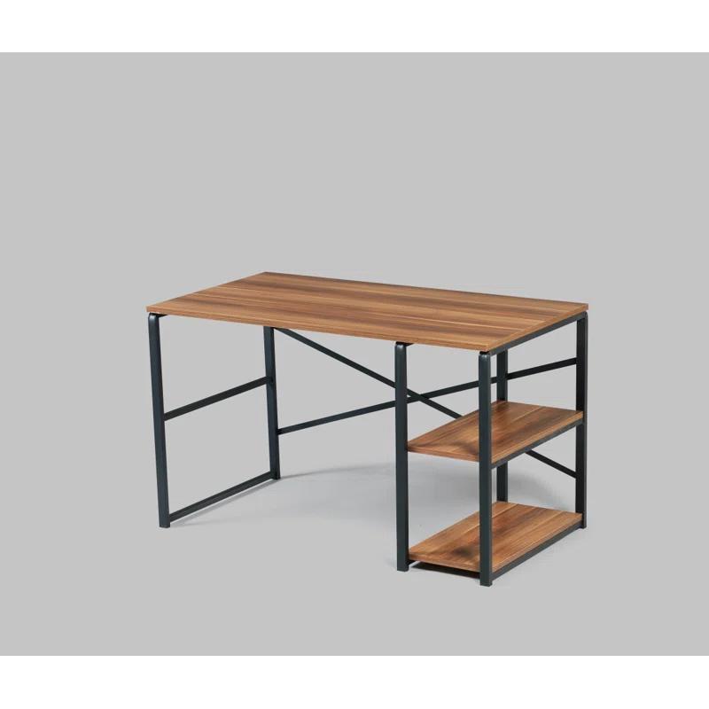 Sage Black Metal Frame 47" Wooden Top 2 Shelves Writing and Computer Desk for Home Office, Walnut