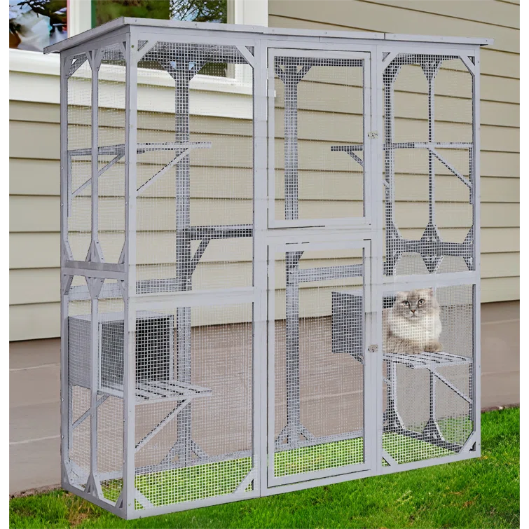 Gracie Oaks Outdoor Cat Enclosure with Roof 72" Height Cat Wooden House Large Cat Catio