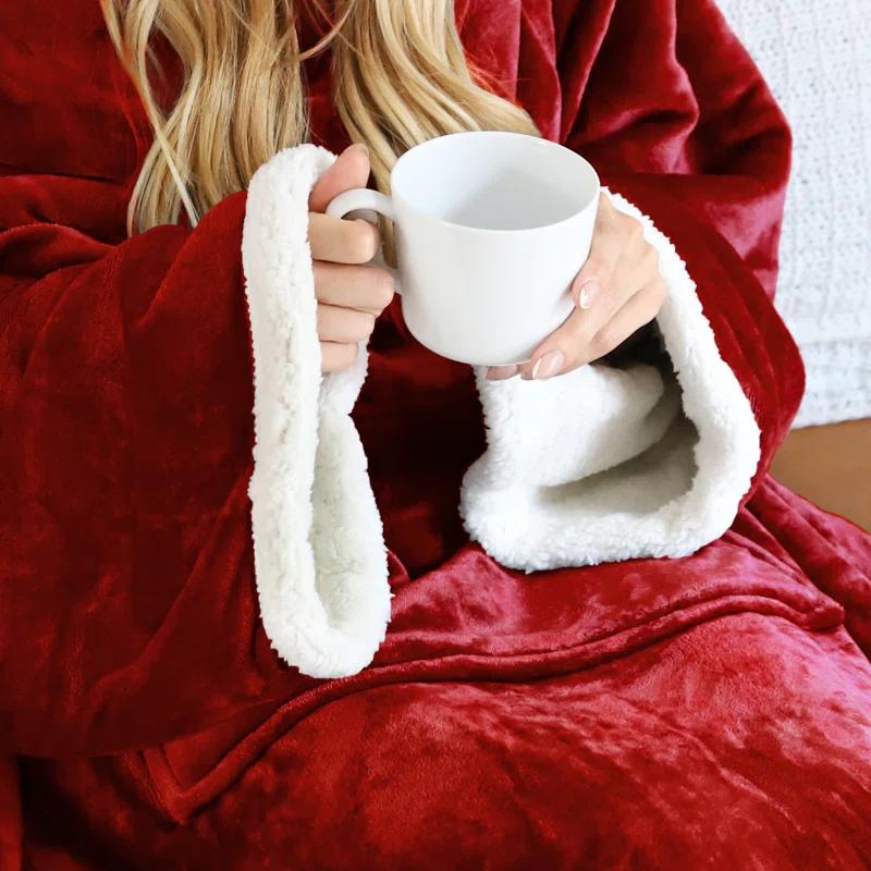 Tirrinia Hood Wearable Blanket for Adult Women and Men, Super Soft Comfy Warm Plush Throw with Sleeves TV Blanket Wrap Robe Hoodie Cover for Sofa, Couch 72" x 55"