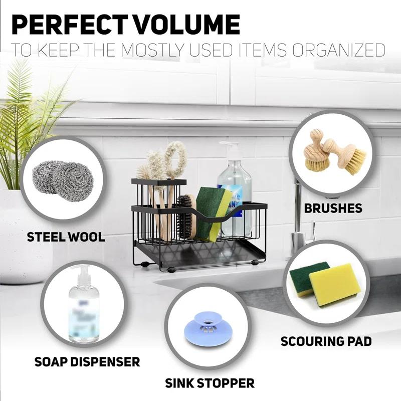 WKING Stainless Steel Kitchen Sink Caddy Organizer With Draining Tray, Rustproof Sponge Holder For Sink, Adjustable Compartments, Space-Saving Design