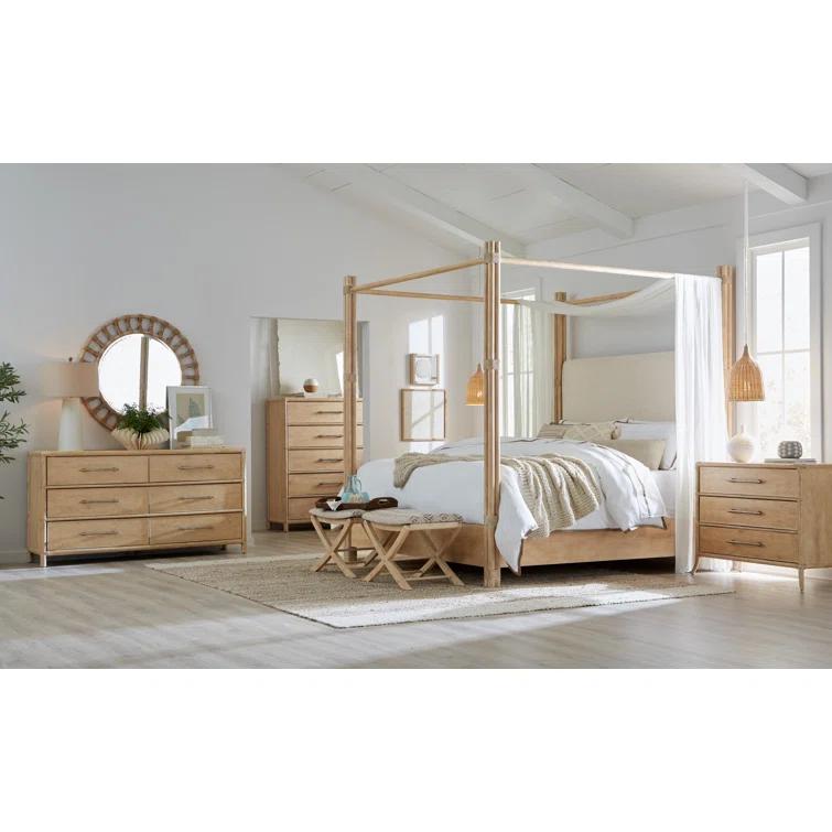King Beige Upholstered Canopy Bed with Oak Frame