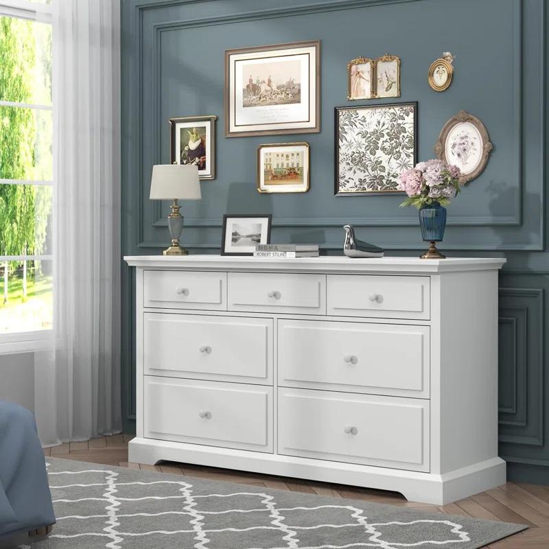 Raydyn 7 Drawers White Double Dressers Chests for Bedroom, Large Storage Dressers Organizer for Bedroom, Long Dresser Tv Stand, Vintage Solid Tall Closet Dressers with Storage for Living Room, Hallway