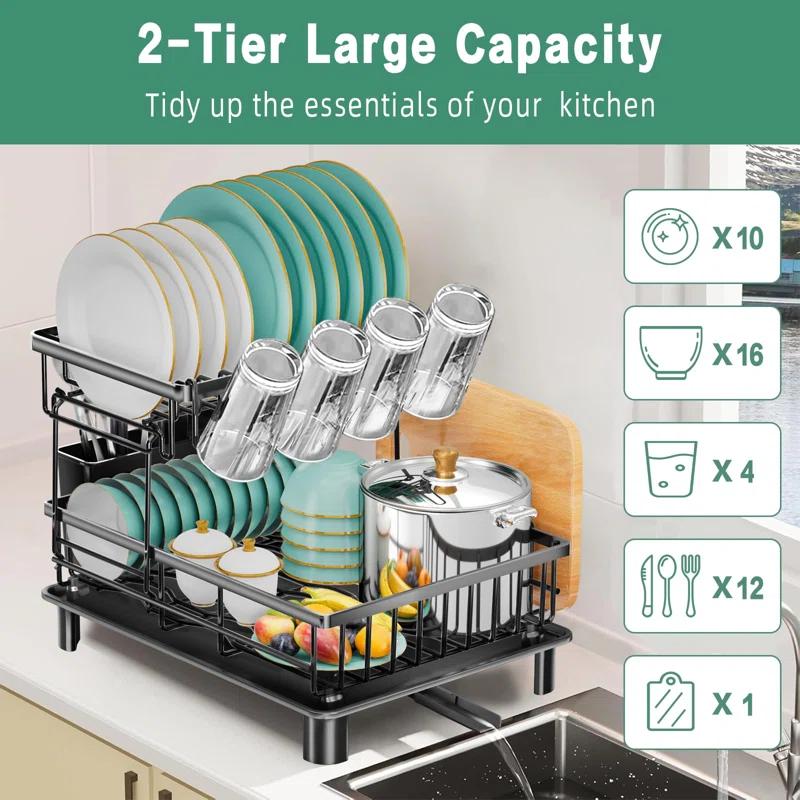 FODORL 2 Tier Dish Racks for Kitchen Counter,Large Capacity Detachable Dish Rack, Stainless Steel Rustproof Dish Drainer with Drainboard