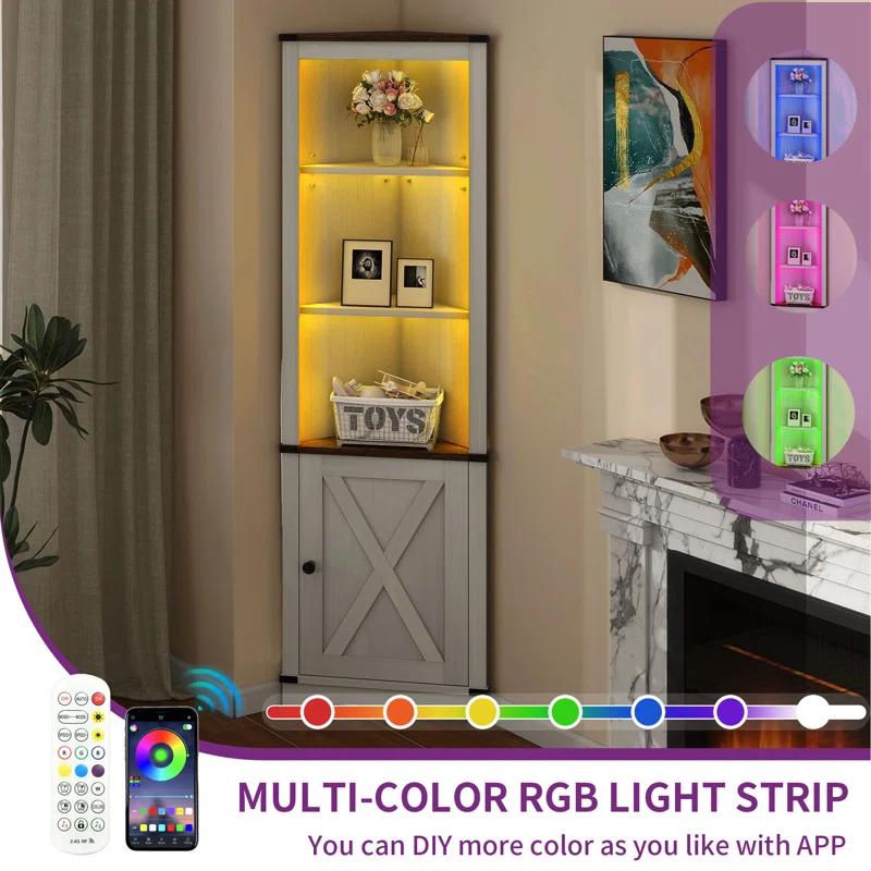 Gracie Oaks Aspenn 67" H Corner Bookcase with LED Light, Corner Storage Cabinet with Adjustable Shelf