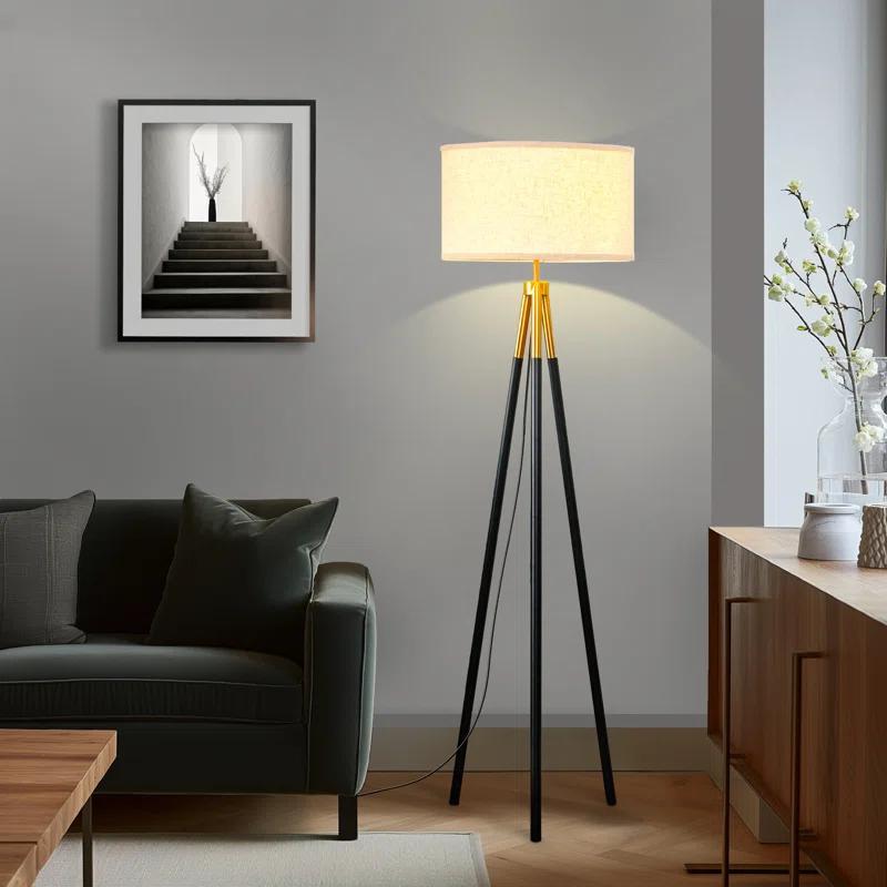 Brightech Levi 61 in. Mid Century Modern Tripod Floor Lamp with Fabric Drum Shade and Gold Finish - LED Bulb Included