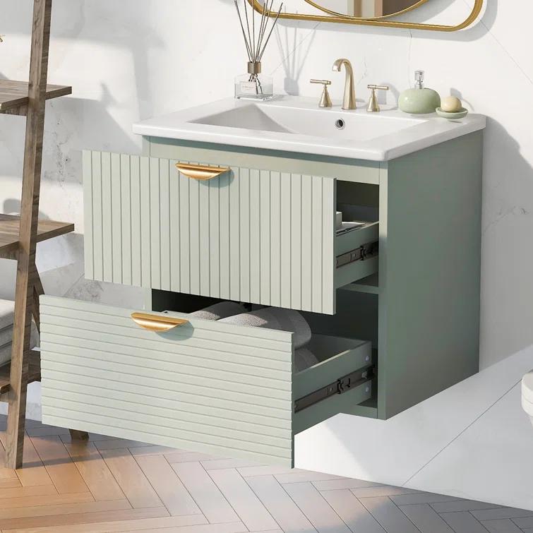 Tryimagine Modern 24-Inch Wall-Mounted Bathroom Vanity With 2 Drawers, Green - Ideal For Small Bathrooms