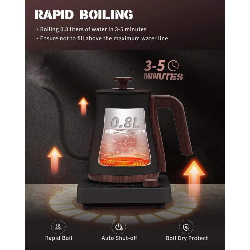 MARLIN MANUFACTURING COMPANY, INCORPORATED Electric Kettle, Electric Gooseneck Kettle With 6 Temperature Control Presets And LED Display, 0.8L/27.05Oz, 0.8Mm Ultra-Fine Spout, 304 Stainless Steel Inner, 1000W Gooseneck Kettle, Matte Black