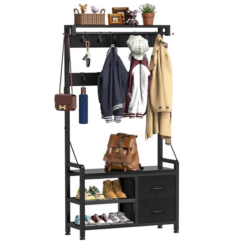 Hall Tree, 31” Entryway Bench with Coat Rack freestanding, 5 in 1 Intelligent Design Shoe Bench