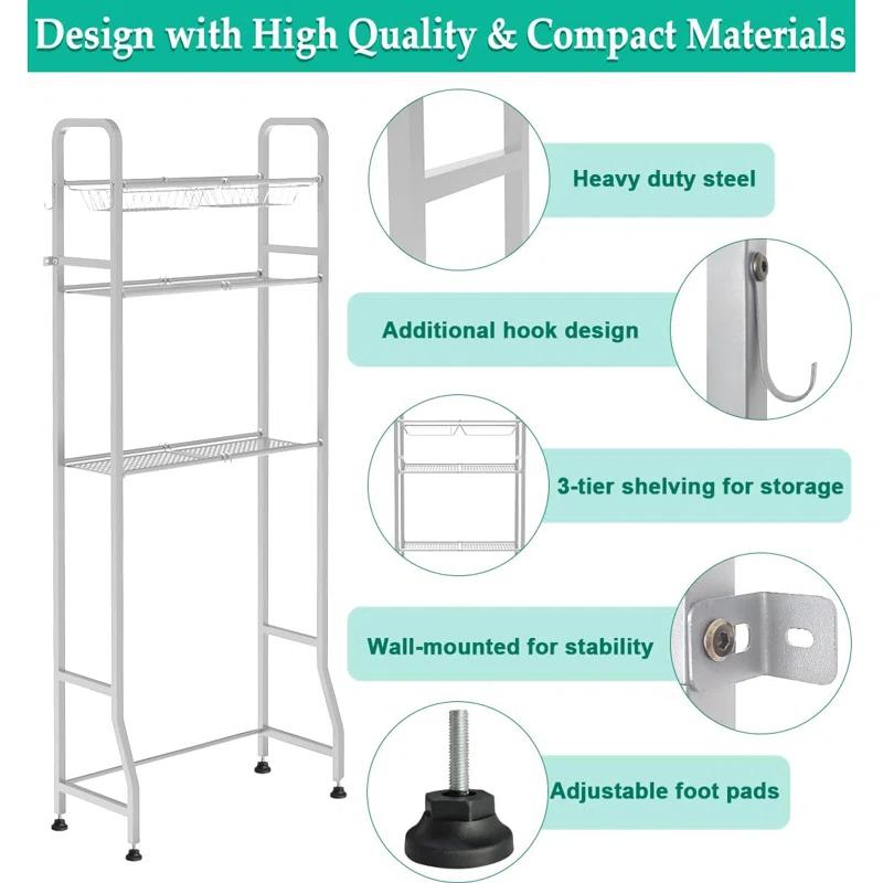 Over The Toilet Storage Shelf For Bathroom, 3-Tier Above Toilet Rack Bathroom Organizer With Adjustable Shelves And Hanging Hooks, Easy To Assemble & Space Saving, White
