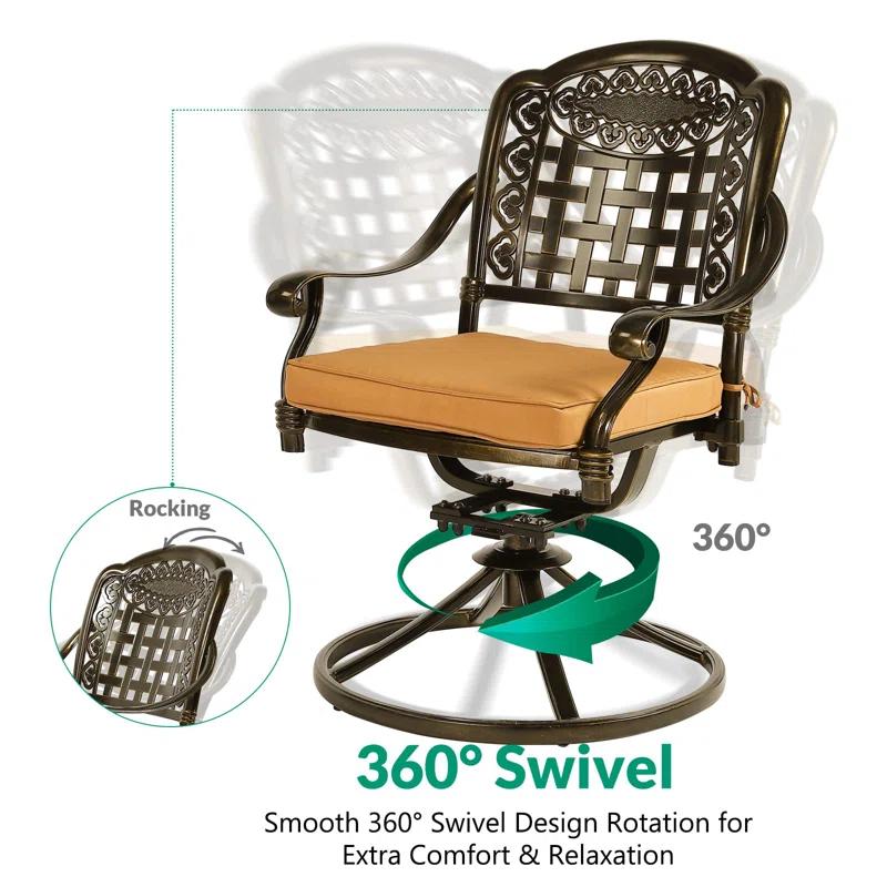 Wildon Home® Wildon Home® 7-piece Outdoor Furniture Dining Set, All-weather Cast Aluminum Patio Conversation Set, Include 6 Swivel Dining Chairs And A Rectangle Table With Umbrella Hole, khaki/green Cushion