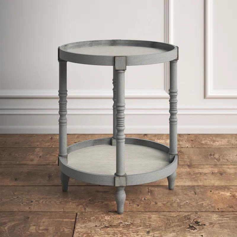 Bellport Classic Round Wood Side Table with Lower Shelf, Distressed Gray