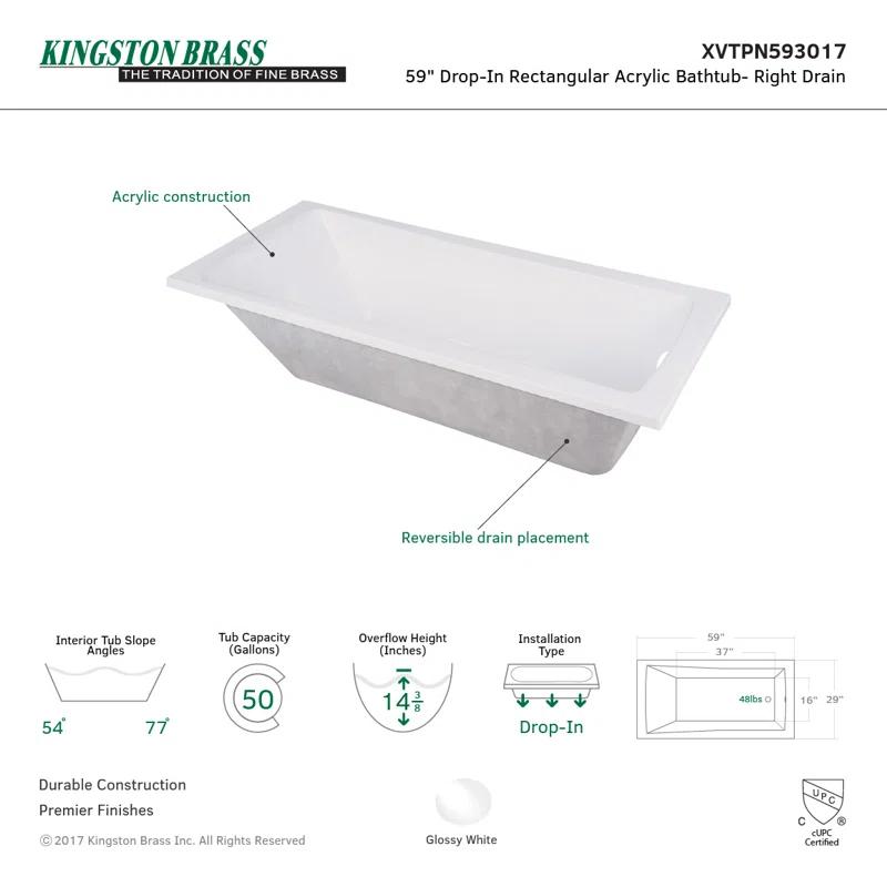 Kingston Brass XVTPN593017 Kingston Brass Aqua Eden 59-Inch Acrylic Rectangular Drop-In Tub with Drain