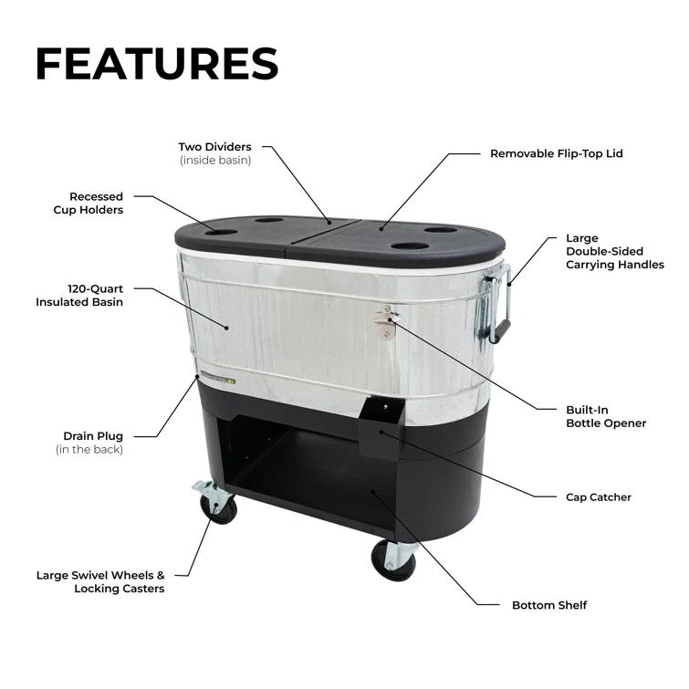 Permasteel Permasteel 120-Qt Large Outdoor Cooler Cart on Wheels, Rolling Patio Cooler with Dividers for Separate Compartments