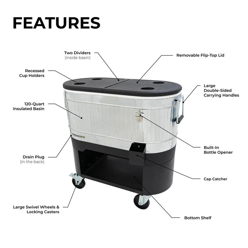 Permasteel Permasteel 120-Qt Large Outdoor Cooler Cart on Wheels, Rolling Patio Cooler with Dividers for Separate Compartments