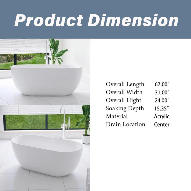 Staykiwi 67'' x 29'' Freestanding Soaking Plastic / Acrylic Bathtub JJCS04BT-67