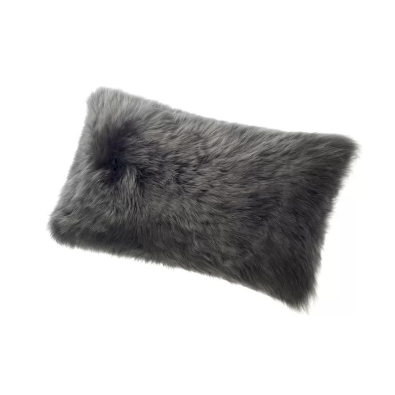 Gray Rectangular Sheepskin Throw Pillow with Polyester Fill