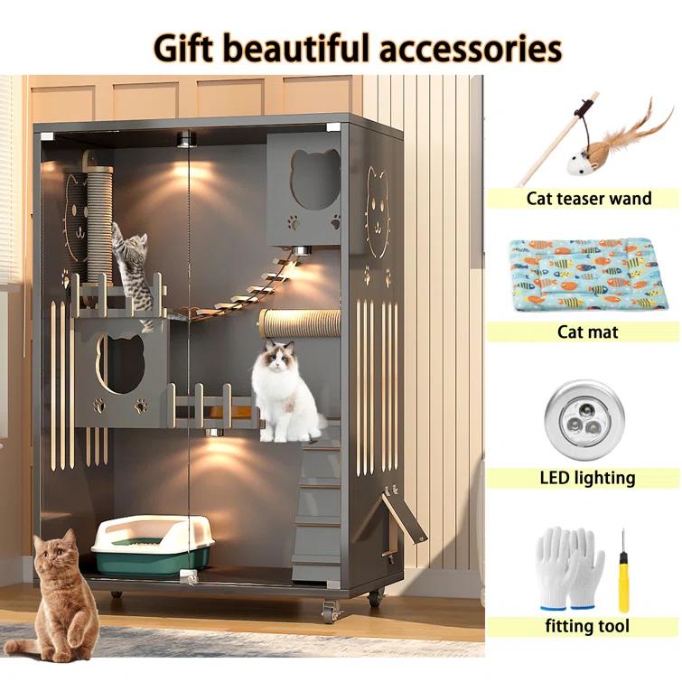 Tucker Murphy Pet™ Desara Wooden Cat Villa, Large Cat Enclosure, Indoor Enclosed Cat House