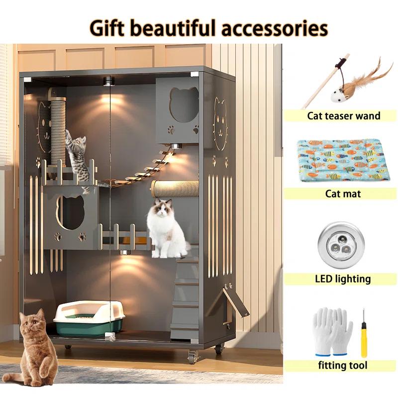 Tucker Murphy Pet™ Desara Wooden Cat Villa, Large Cat Enclosure, Indoor Enclosed Cat House