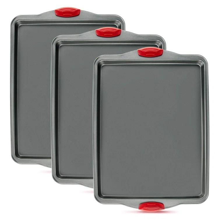 SHIRLEY'S OFFICE FURNITURE, LLC Premium Nonstick Baking Sheet Pans – Set Of 3, Heavy-Gauge Carbon Steel, Warp, Dent, And Rust-Resistant – Gourmet Rimmed Cookie Sheet Trays, Non-Toxic For Exceptional Baking Performance