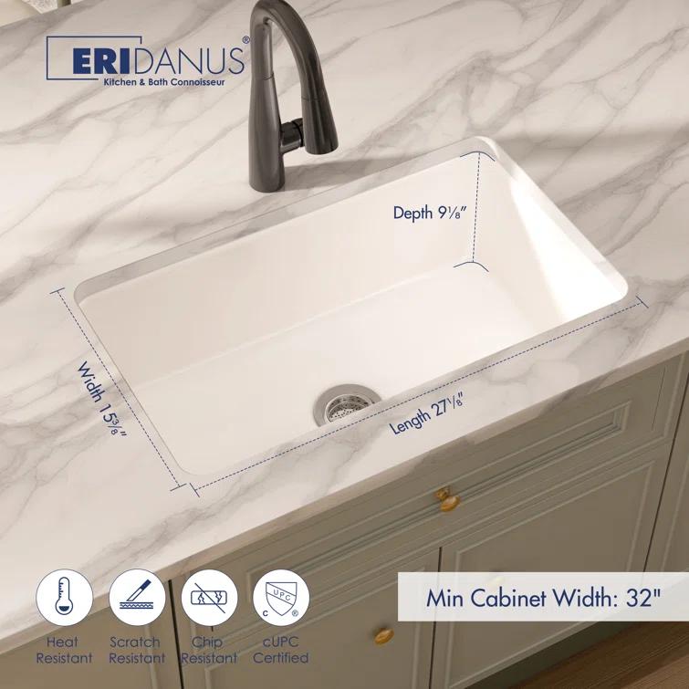Eridanus Oslo 30" x 18" White Single Bowl Fireclay Undermount Kitchen Sink with Basket Strainer and Bottom Grid ERI-DS-164