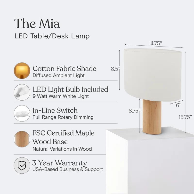 Mia 15.75" Midcentury LED Table Lamp With Natural Maple Wood Base