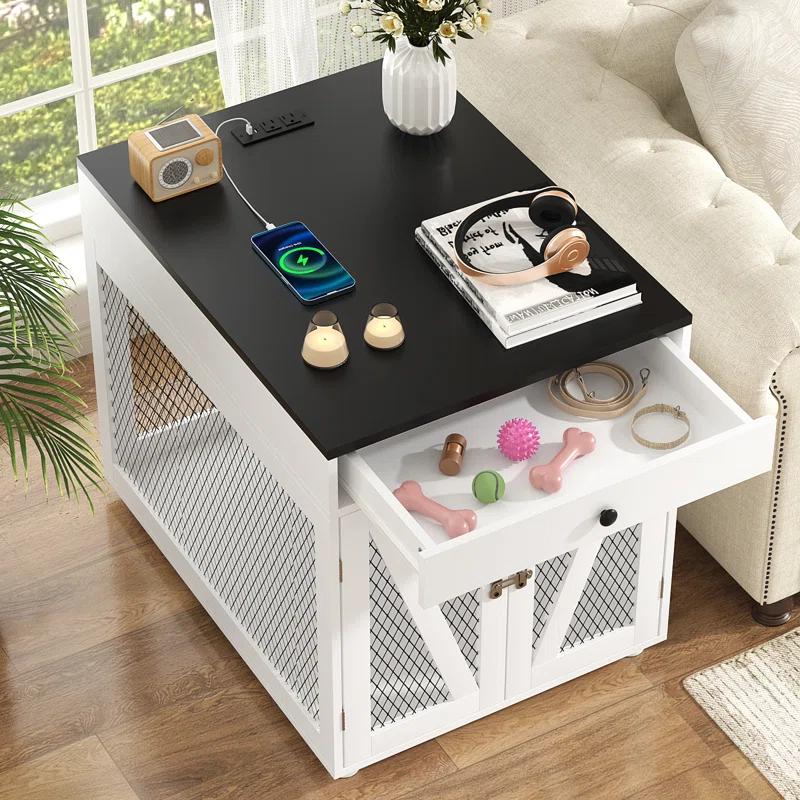 Tucker Murphy Pet™ Dog Crate Furniture, Wooden Dog Kennel End Table with USB Charging Station, Storage Drawer, Double Latched Door, Farmhouse Furniture-Style Crate Side Table for Dogs Under 40 lbs, Indoor Use