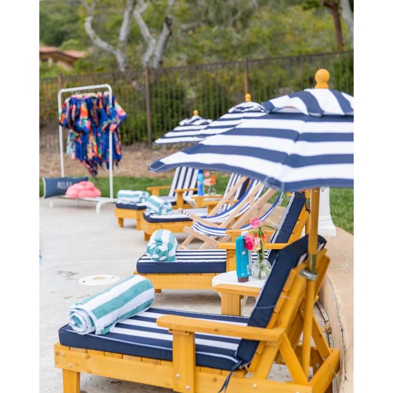 KidKraft Outdoor Wood Chaise Children's Chair with Umbrella and Cushion, Navy and White