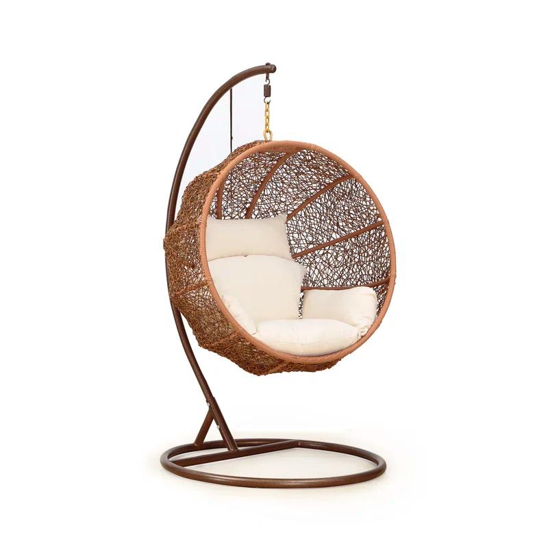 Manhattan Comfort Kamberlyn Swing Chair with Polyester Cushions and Metal Stand in Saddle Brown and Cream