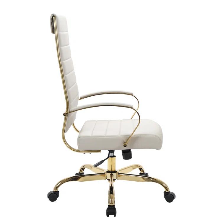Everly Quinn Humairaa Leather Office Chair – Executive Task Chair with Swivel, Adjustable Height & Gold Base for Home Office or Conference Room