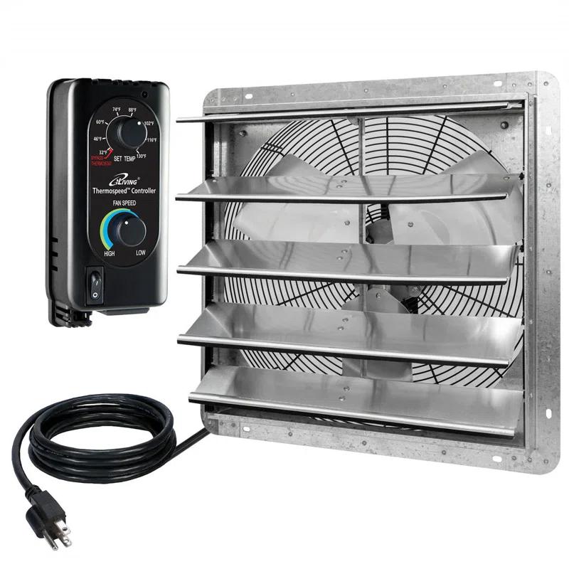 iLIVING ILG8SF20V-ST 20" Wall Mounted Shutter Exhaust Fan, Automatic Shutter, with Thermostat and Variable Speed controller, 2.2A, 3368 CFM, 5000 SQF Coverage Area Silver