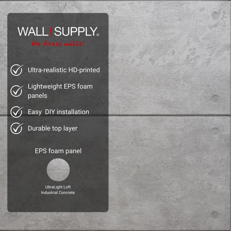 Wall!Supply Wall!supply Ultralight Industrial Concrete Hd Printed – 3d Eps Foam Wall Panels – Easy Diy Installation – Concrete Look – Set Of 4 Panels (25.83 Sq Ft)
