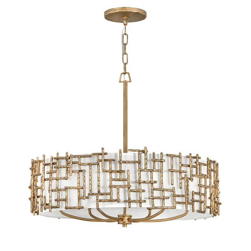 Fredrick Ramond Farrah 6-Light White Linen Drum Chandelier w/ Hammered Crosshatch Bars