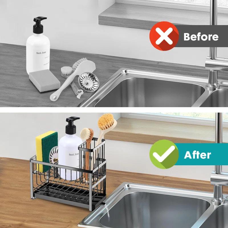 COOREL Sponge Holder For Kitchen Sink Organizer Caddy,2 Tier Dish Brush Scrubber Holder,Stainless Steel Sink Box Utensil Holder With Stand,Black