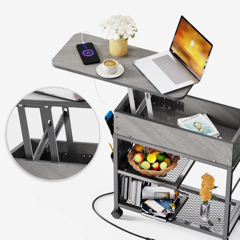 17 Stories Lift-Top End Table With Charging Station, Sofa Side Table, Nightstand With Wheels And USB Ports For Living Room, Bed Room, Study
