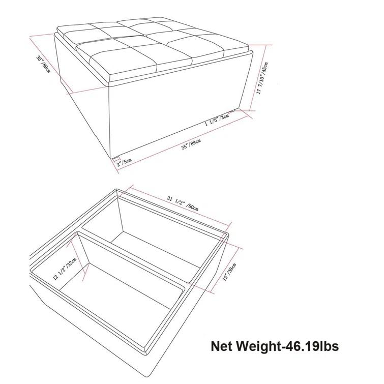 Simpli Home Avalon 35"W Upholstered Square Coffee Table Storage Ottoman with Flip-Over Trays
