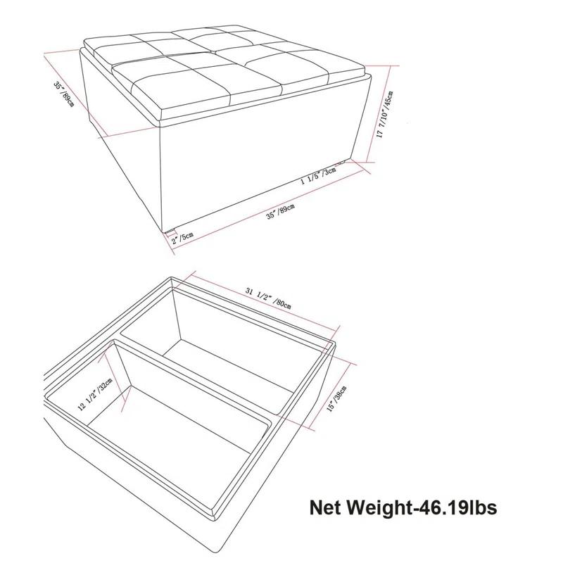 Simpli Home Avalon 35"W Upholstered Square Coffee Table Storage Ottoman with Flip-Over Trays