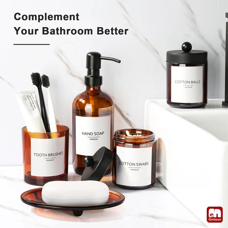 GMISUN Bathroom Accessories Set, 5 Pack Amber Glass Bath Accessory Sets Complete, Brown Soap Dispenser and Toothbrush Holder Bathroom Counter Sink Set with Labels, Rustic Modern Vintage Bathroom Decor