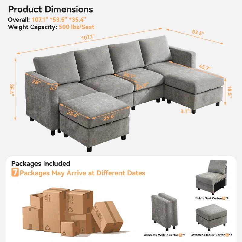Ebern Designs 107”Modular Sectional Sofa Convertible U Shaped Sofa Couch Set With Storage For Living Room, Modern 6 Seater Modular Sectional Couch With Movable Ottoman, Chenille