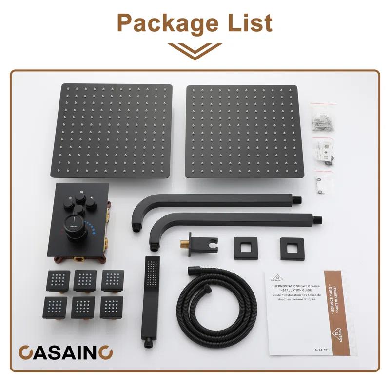 CASAINC CS6228-12MB Dual Shower Head Thermostatic Rainfall Shower System with Rough in-Valve and Shower Body Spray