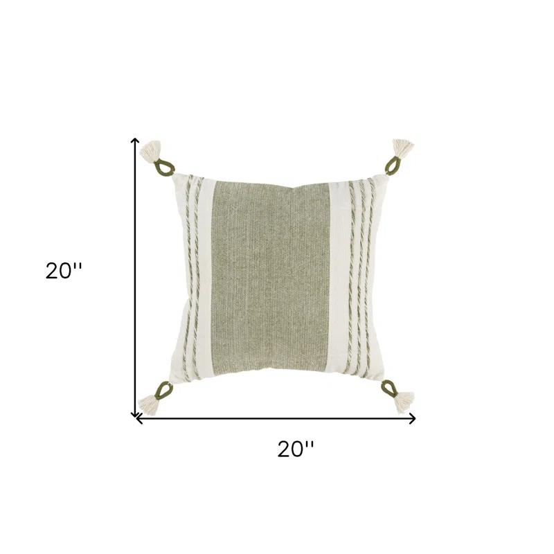 Moss Green and White Cotton Square Decorative Pillow with Tassels