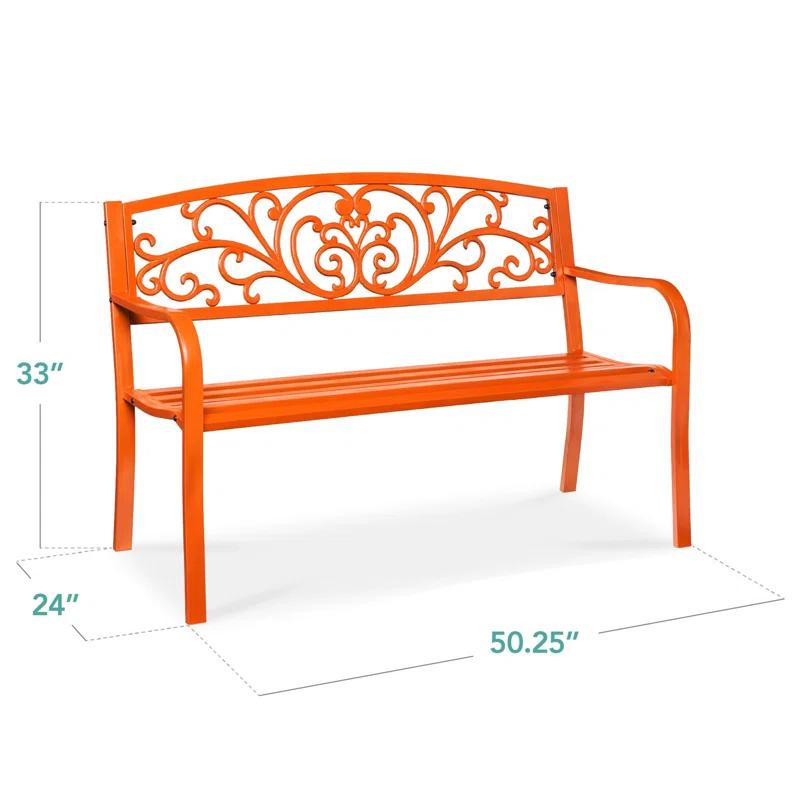 World Menagerie Outdoor Steel Bench with Floral Backrest & Slatted Seat, Marigold for Garden, Patio, Porch, Lawn, and Deck