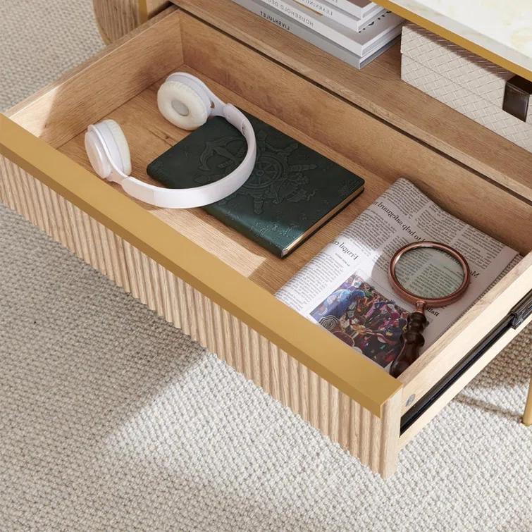 Everly Quinn Modern Fluted Coffee Table, 48" Oval Coffee Table with Drawer,Curved Profile Design,Center Table for Living Room