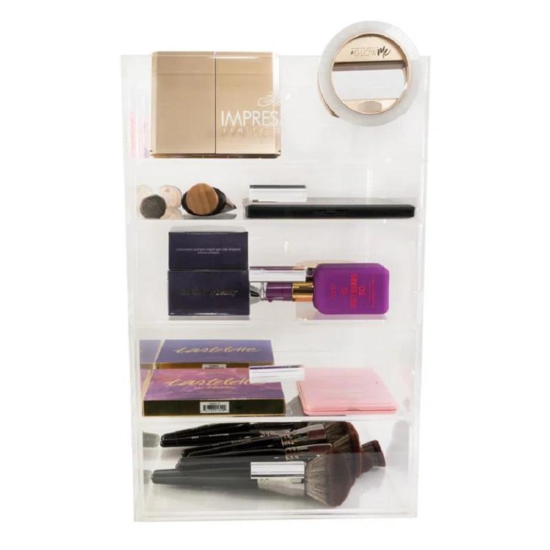 IMPRESSIONS VANITY · COMPANY 5 Tier Acrylic Makeup Organizer with Open Top Elegant Cosmetic Holder with Four Slide Drawer Tiers
