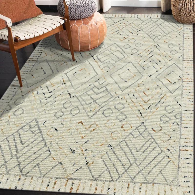 Union Rustic Ahnjayla Geometric Handmade Looped/Hooked Wool Area Rug in Ivory