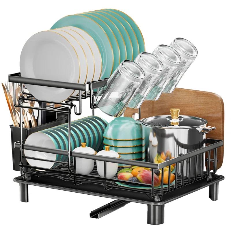 FODORL 2 Tier Dish Racks for Kitchen Counter,Large Capacity Detachable Dish Rack, Stainless Steel Rustproof Dish Drainer with Drainboard